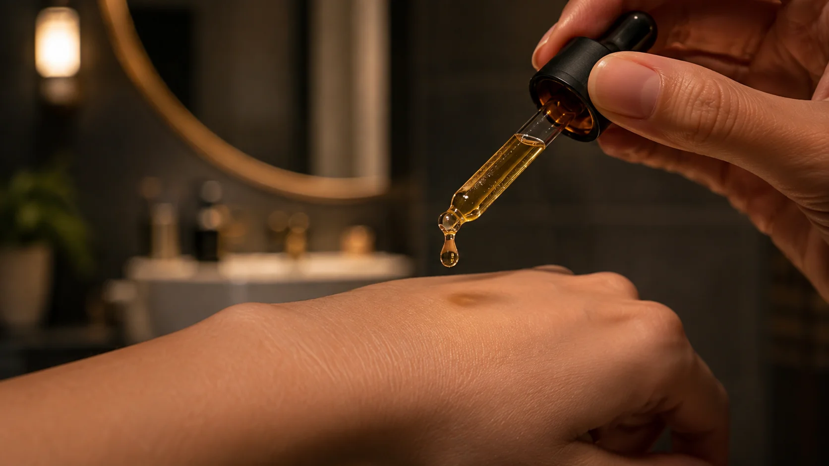 Retinol-serum dryppes fra pipette på hånden om aftenen