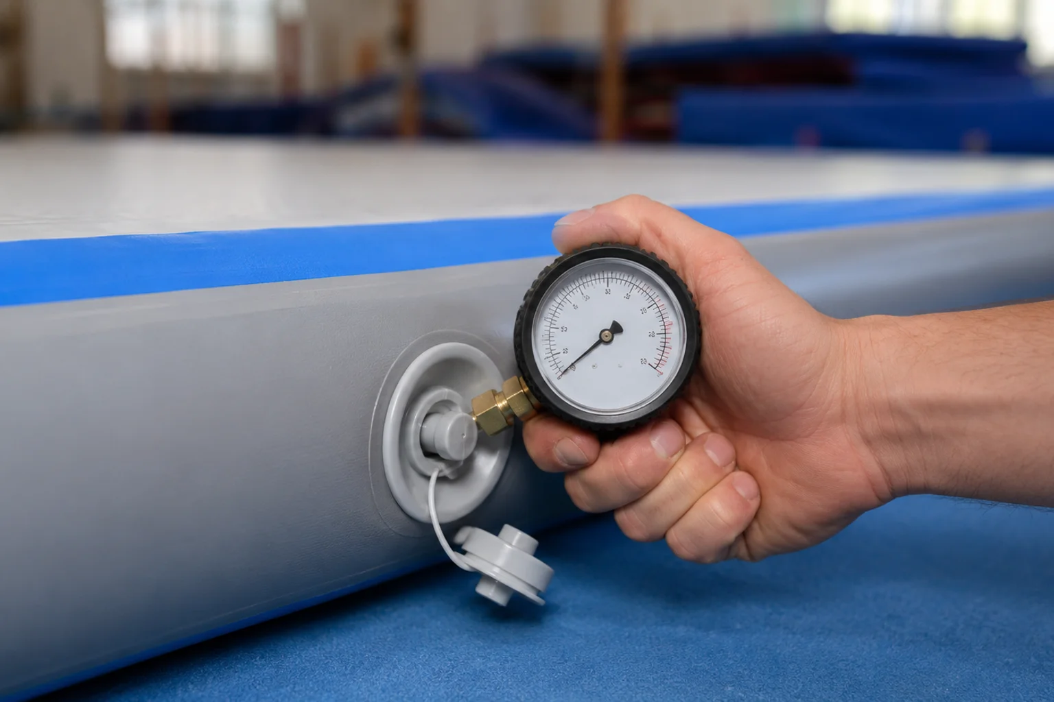 Manometer holdt mod airtrackens ventil for at måle lufttrykket