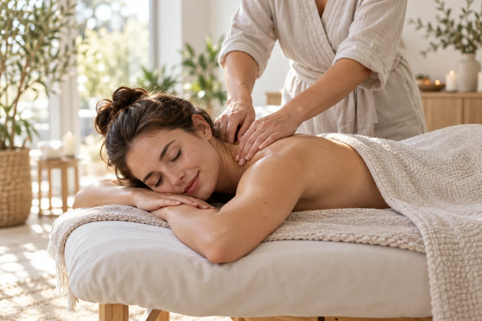 Afslappet kvinde får nakke- og skuldermassage